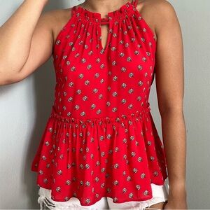 LOFT Floral Print Halter Top | Red & White | Size: XS Petite | Women